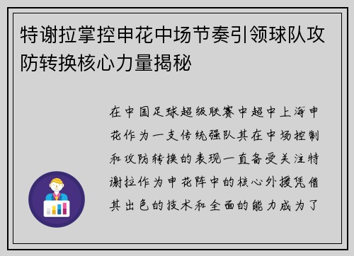 特谢拉掌控申花中场节奏引领球队攻防转换核心力量揭秘